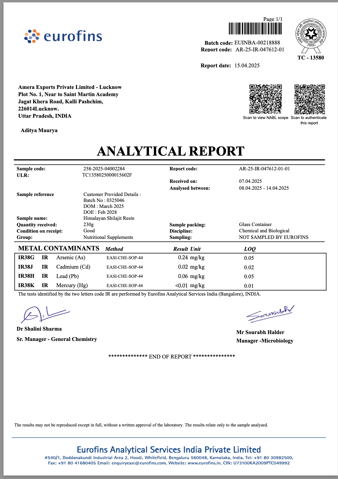Shilajit lab test report
